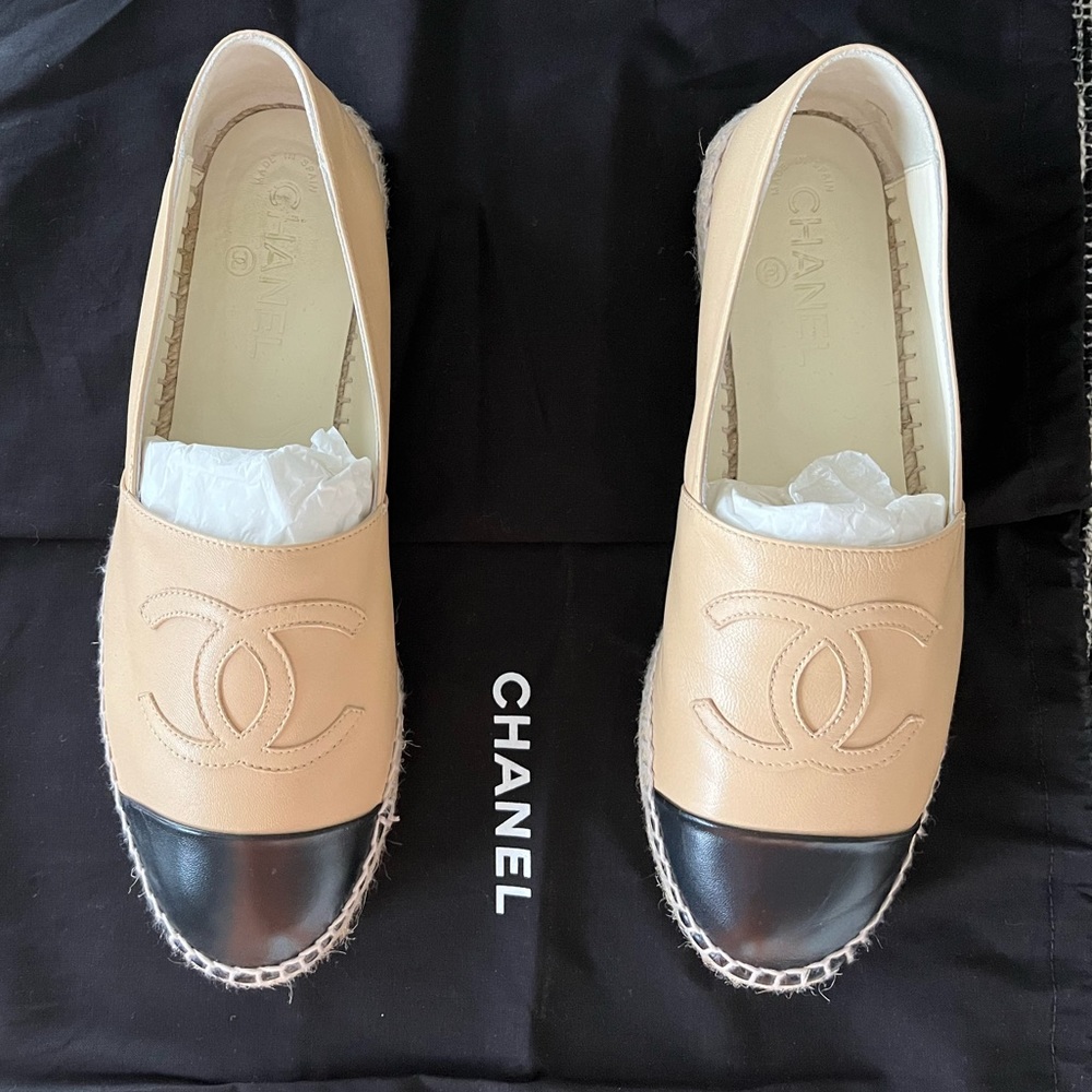 Authentic Chanel Lambskin Beige & Black Espadrilles